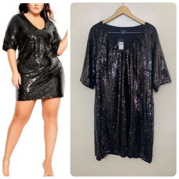 City Chic Dresses & Skirts - City Chic Sequin Glow Mini Sheath Dress in Black